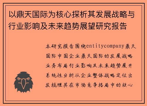 以鼎天国际为核心探析其发展战略与行业影响及未来趋势展望研究报告