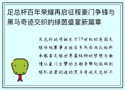 足总杯百年荣耀再启征程豪门争锋与黑马奇迹交织的绿茵盛宴新篇章
